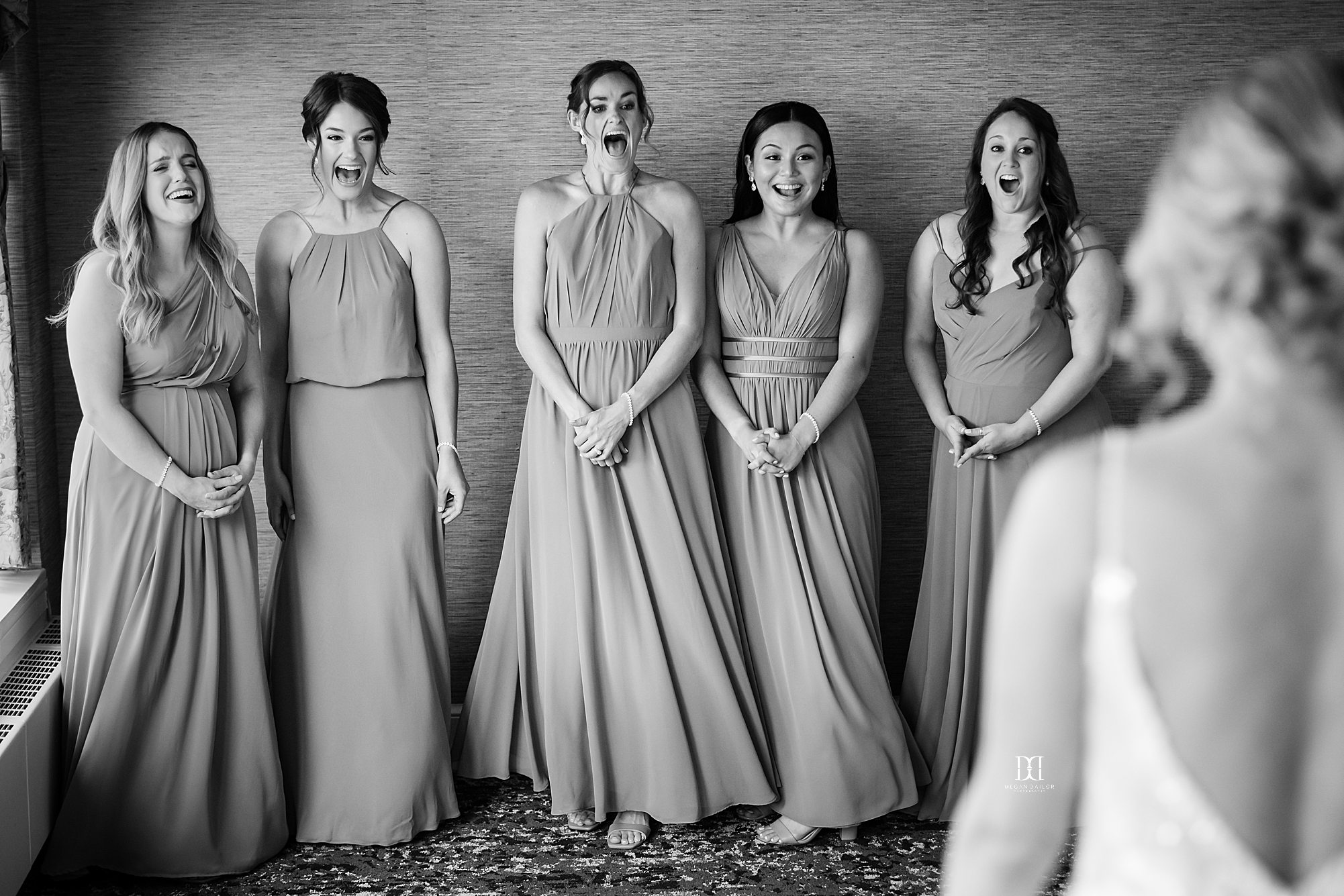 bridesmaids react to seeing bride in wedding dress irondequoit country club wedding photos